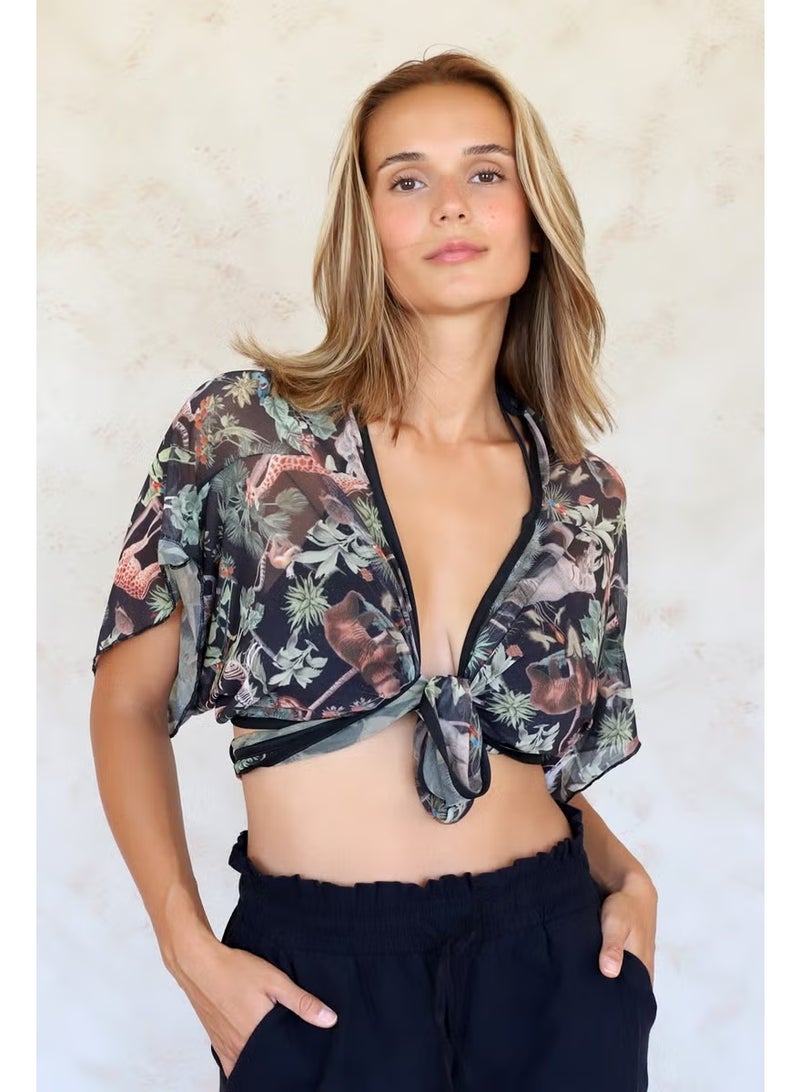 Hamur Dough Crop Cross Tie Detailed Beach Pareo Summer Tulle Chiffon Blouse Woods Black Std - Image 1